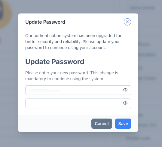Password update dialog
