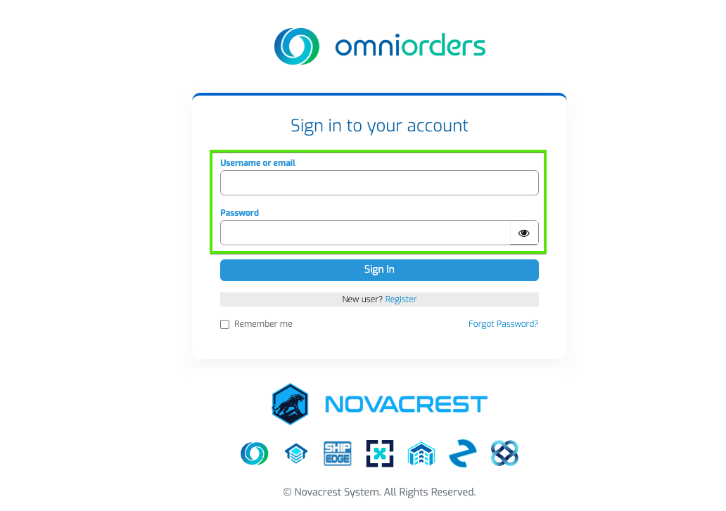 OmniOrders Login Page with Credentials Fields