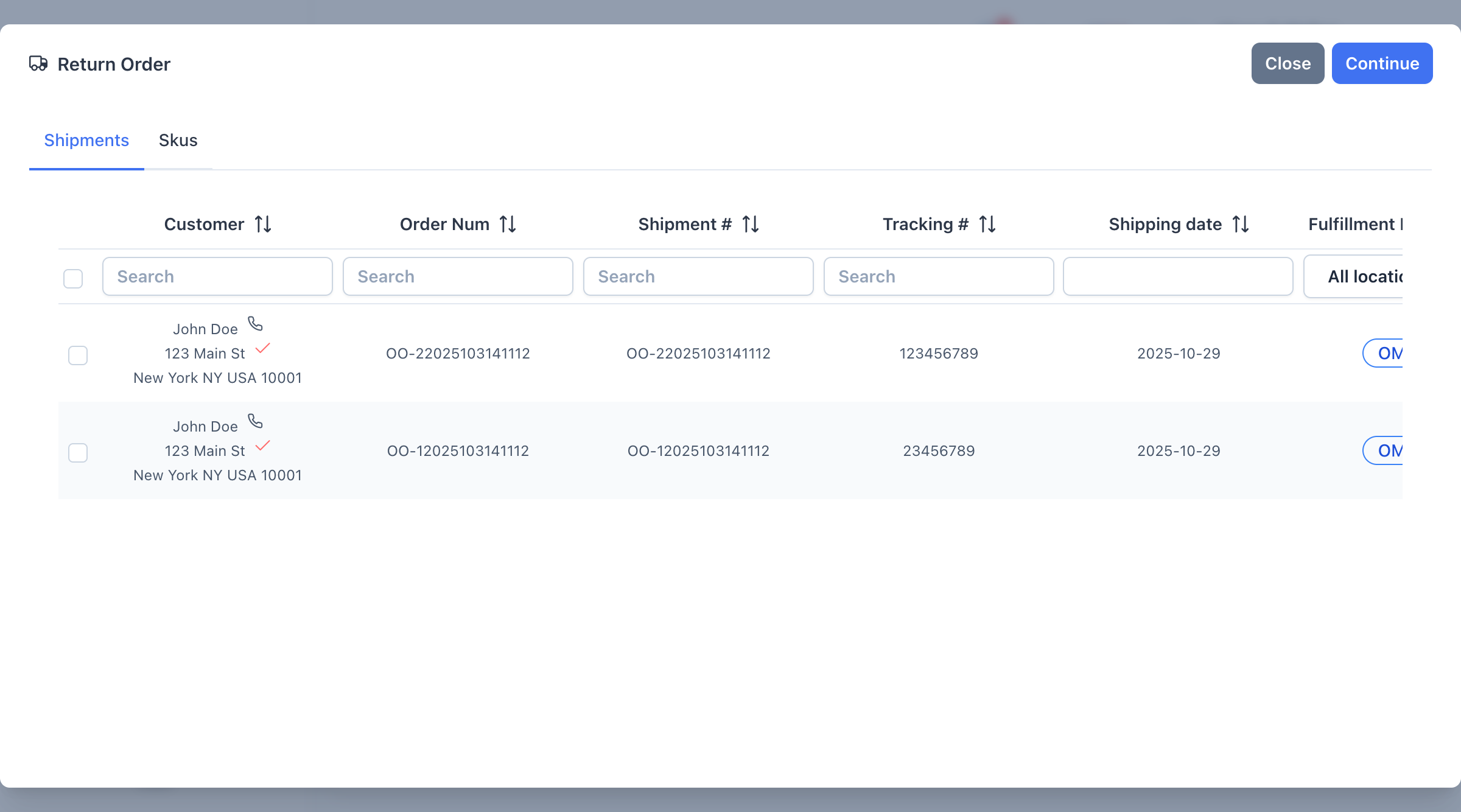 New Return Modal - Shipments Tab