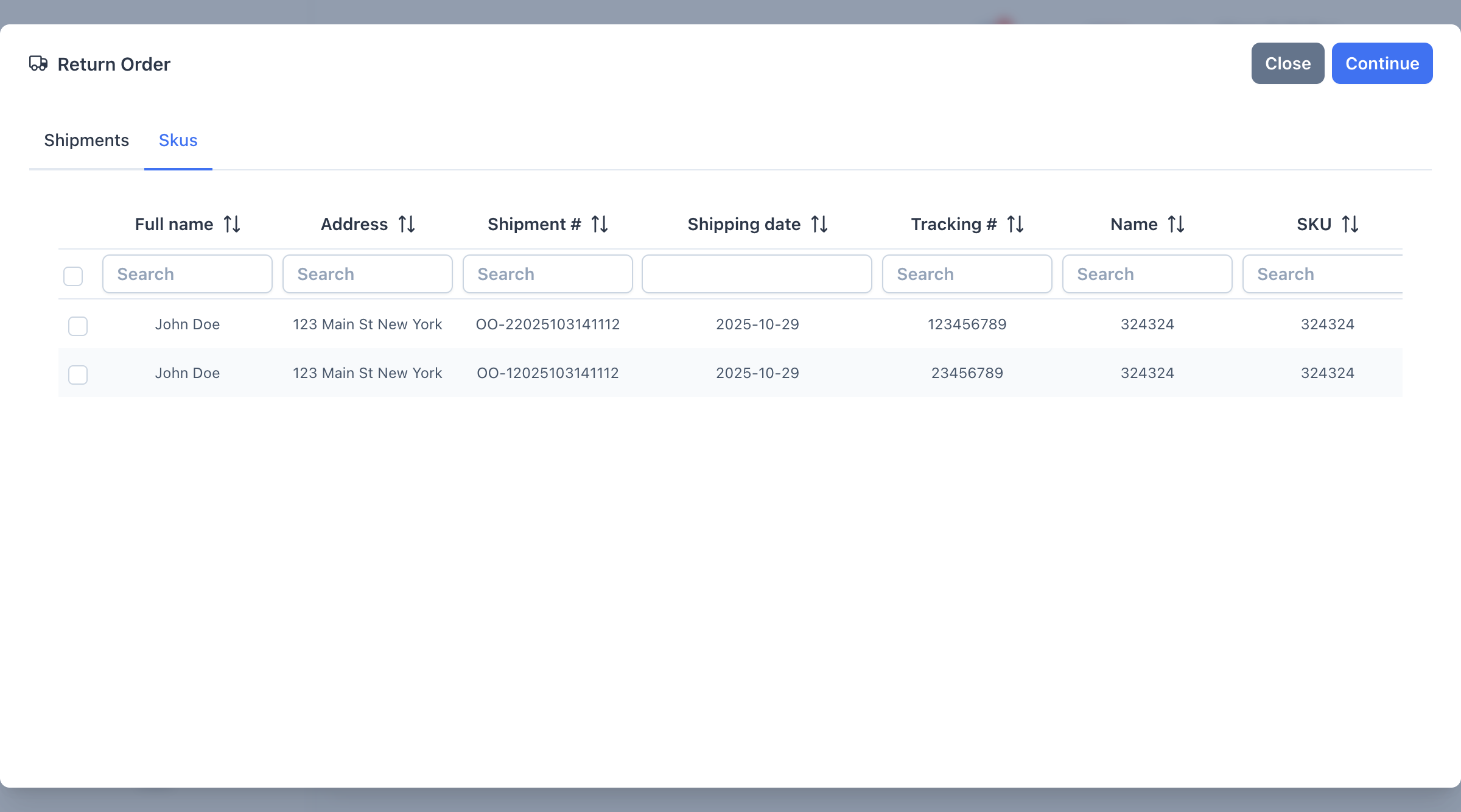 New Return Modal - Skus Tab