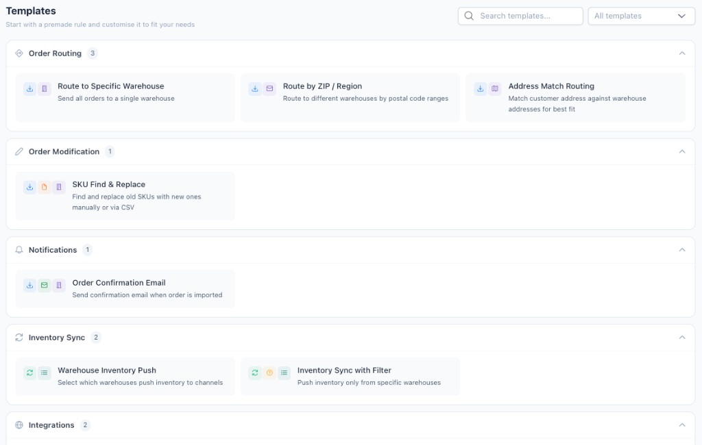 Templates section with pre-built rules organized by category