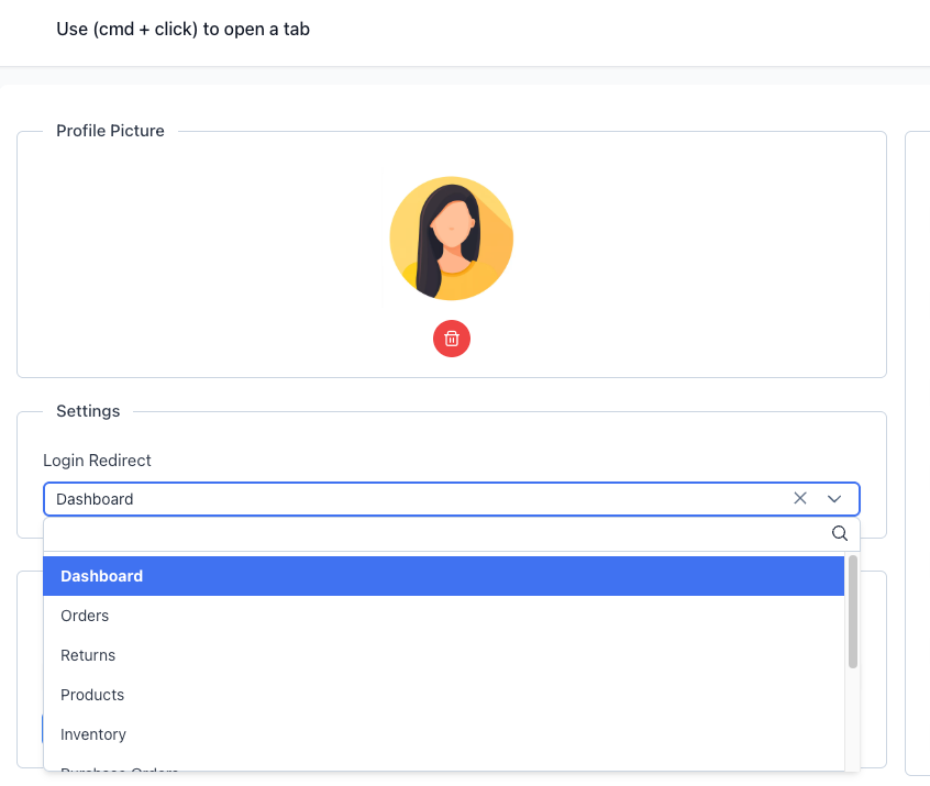 Settings section with Login Redirect dropdown