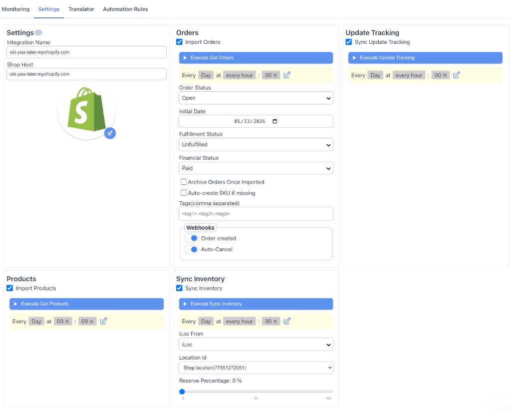 Shopify Settings tab overview