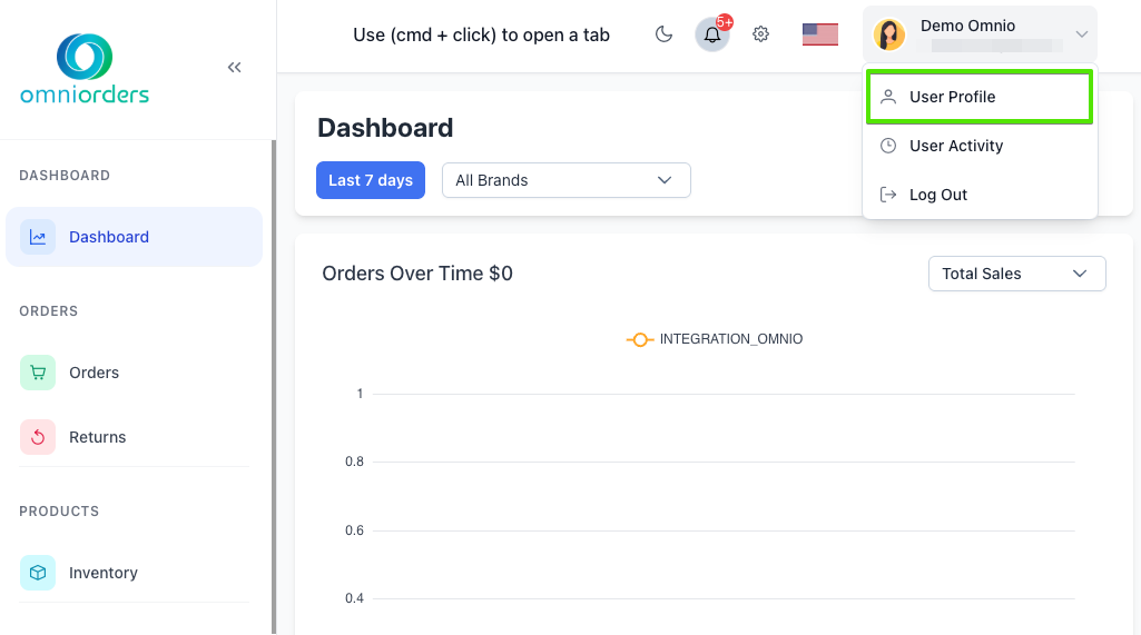 User menu showing Profile access
